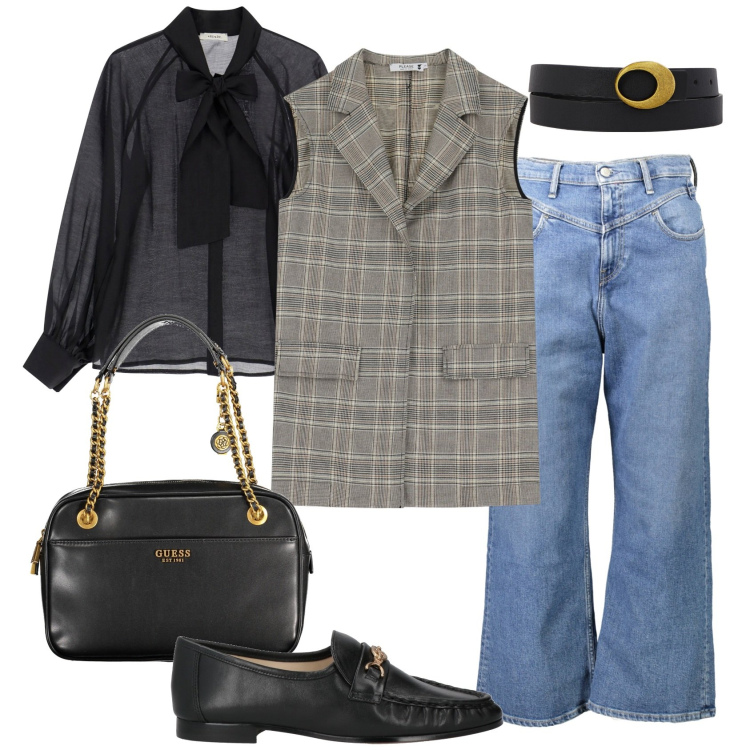 Outfit donna - City style. Stile Casual chic per Tutti i giorni. Abbinamento con mocassini, gilet, camicie, cinture, jeans, borse a spalla.