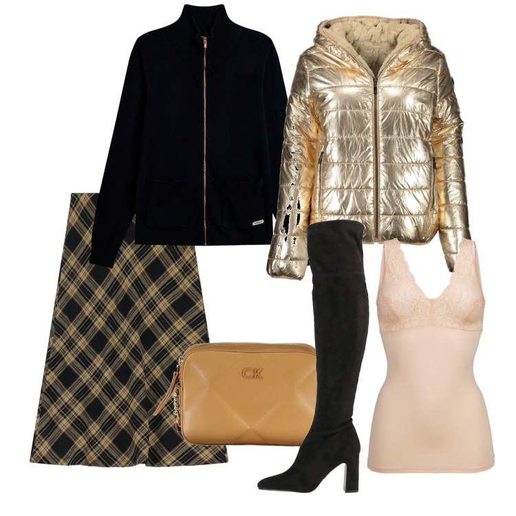 Outfit donna - Gennaio dorato. Stile Urban per Tutti i giorni. Abbinamento con top, stivali sopra il ginocchio, maglieria, gonne lunghe, borse a tracolla, piumini.