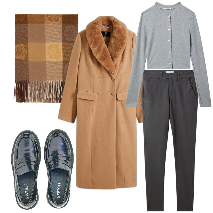 Outfit donna - Total look #2035352. Stile Urban per Tutti i giorni. Abbinamento con cappotti, pantaloni chino, cardigans, foulard, mocassini.