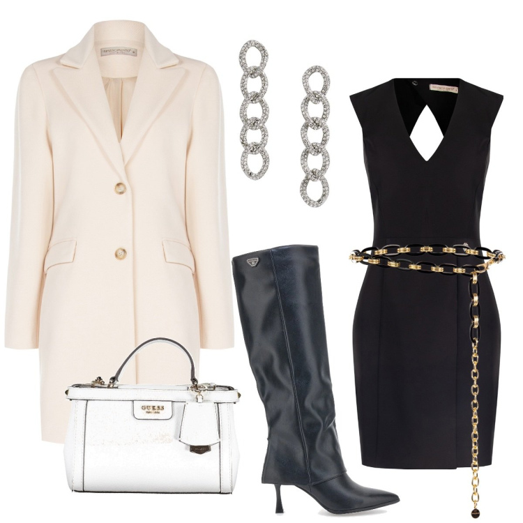 Outfit donna - Black&white. Stile Casual chic per Serata fuori. Abbinamento con vestiti a tubino, cappotti, cinture, orecchini, borse a tracolla, stivali.