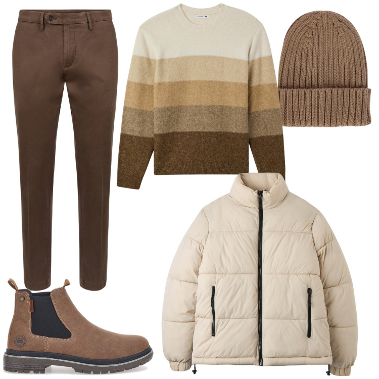 Outfit uomo - Berretto in inverno. Stile Casual per Tutti i giorni. Abbinamento con piumini, maglieria, stivali e stivaletti, pantaloni chino, berretti.