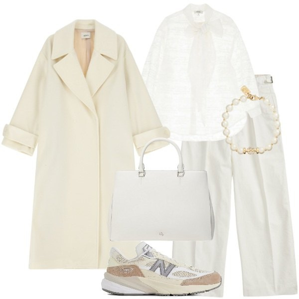 Outfit donna - Speciale Winter Whites. Stile Chic per Tutti i giorni. Abbinamento con sneakers, cappotti, camicie, pantaloni, braccialetti, borse a mano.