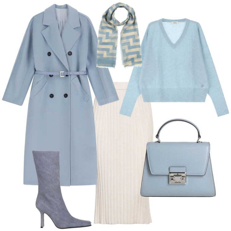 Outfit donna - Total look #2035386. Stile Chic per Ufficio. Abbinamento con stivali, gonne longuette, borse a mano, sciarpe, cappotti, pullovers.