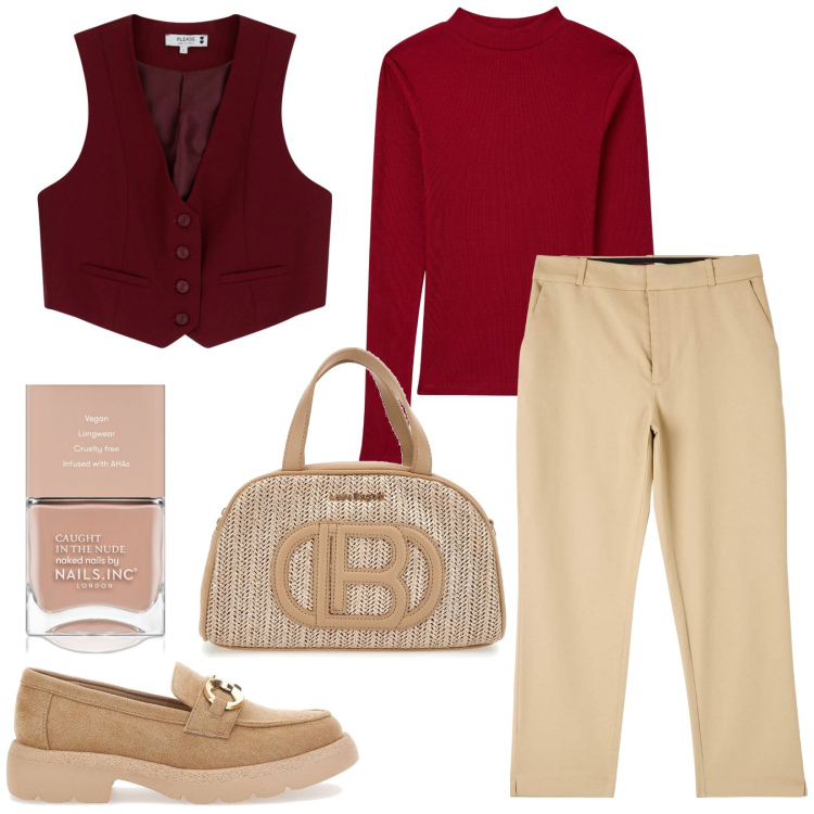 Outfit donna - Tonalità calde a gennaio. Stile Mannish per Ufficio. Abbinamento con smalti, pantaloni chino, t-shirt, gilet, mocassini, borse a spalla.