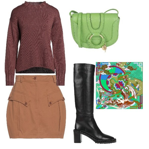 Outfit donna - MOcha Mousse e verde acido. Stile Chic per Tutti i giorni. Abbinamento con minigonne, pullovers, stivali, borse a tracolla, foulard.