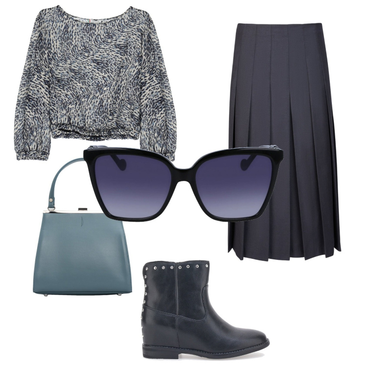 Outfit donna - Casual everyday. Stile Minimal per Tutti i giorni. Abbinamento con top, clutch, gonne longuette, occhiali da sole, stivaletti.