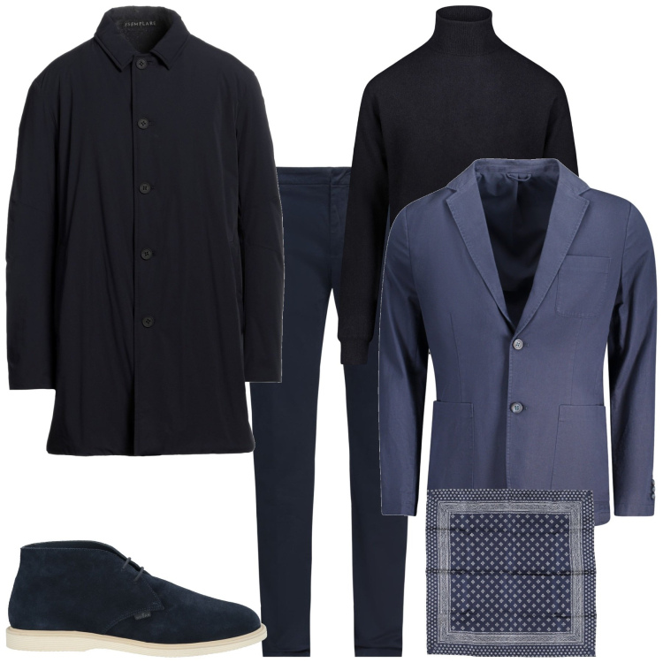 Outfit uomo - Total look #2035407. Stile Trendy per Ufficio. Abbinamento con pantaloni chino, cappotti, stivali e stivaletti, sciarpe, maglieria, giacche.