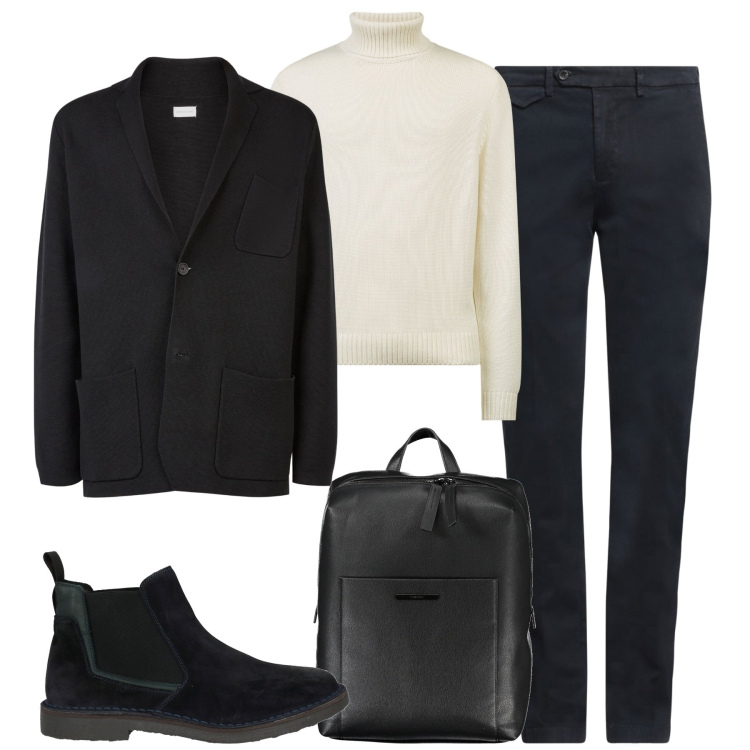 Outfit uomo - I chino Paolini. Stile Casual per Ufficio. Abbinamento con stivali e stivaletti, pantaloni chino, cardigans, maglieria, borse sportive.