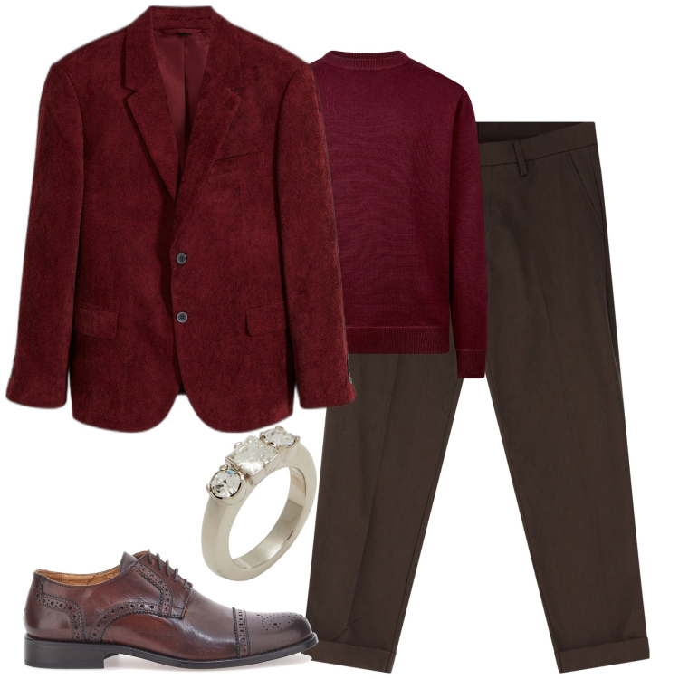 Outfit uomo - Un tocco vellutato. Stile Urban per Serata speciale. Abbinamento con giacche, anelli, pantaloni chino, maglieria, scarpe stringate.