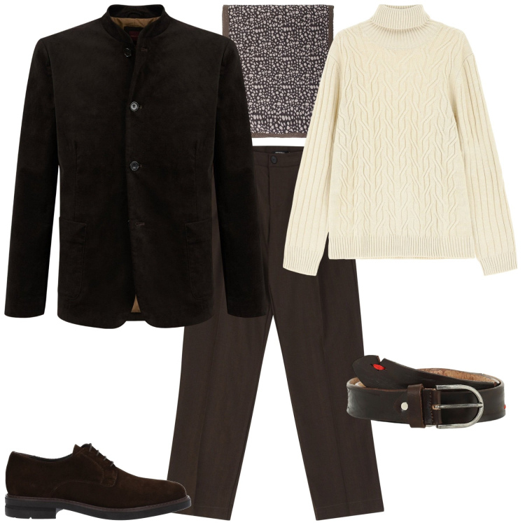 Outfit uomo - Marrone colore pantone prossima stagione. Stile Trendy per Ufficio. Abbinamento con scarpe stringate, pantaloni, cinture, sciarpe e foulard, maglieria, giacche.