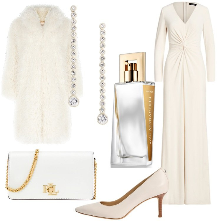Outfit donna - Speciale Winter Whites. Stile Glamour per Serata fuori. Abbinamento con profumi, cappotti, vestiti, décolleté, orecchini, borse a mano.