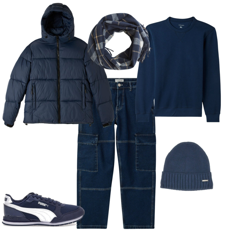 Outfit uomo - Total look #2035421. Stile Urban per Tutti i giorni. Abbinamento con jeans, piumini, felpe, sciarpe, sneakers, berretti.