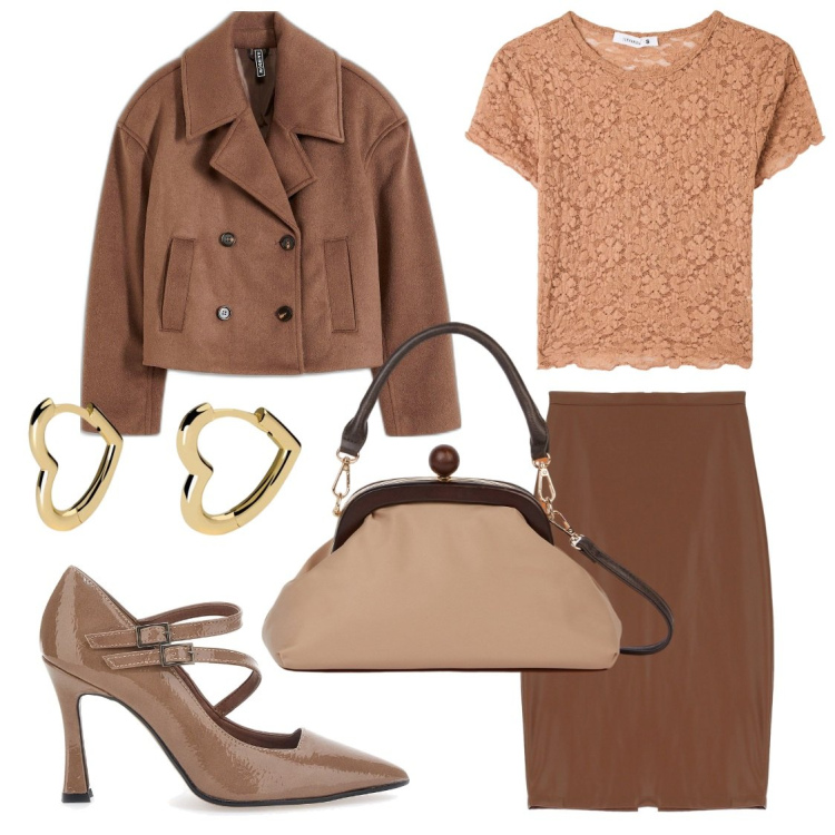 Outfit donna - Toni caldi. Stile Chic per Serata fuori. Abbinamento con caban, orecchini, t-shirt, gonne, décolleté, clutch.