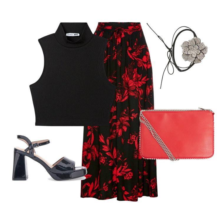 Outfit donna - Flamenco inspo. Stile Chic per Serata fuori. Abbinamento con gonne lunghe, borse a tracolla, collane, top, sandali col tacco.