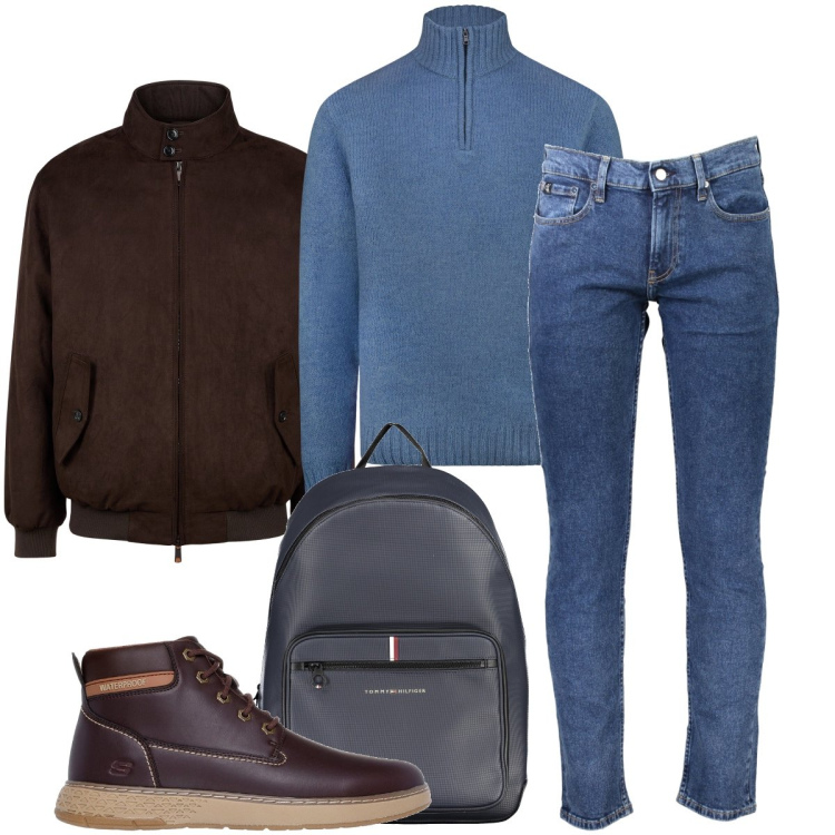 Outfit uomo - Un po’ casual in ufficio. Stile Urban per Ufficio. Abbinamento con maglieria, stivali e stivaletti, giacche, jeans slim fit, borse sportive.