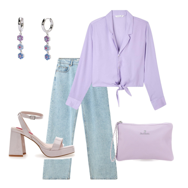 Outfit donna - In lilla. Stile Glamour per Serata fuori. Abbinamento con camicie, jeans, orecchini, sandali col tacco, pochette.