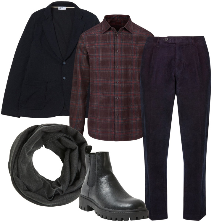 Outfit uomo - Un po’ di velluto. Stile Urban per Serata speciale. Abbinamento con sciarpe, stivali e stivaletti, giacche, pantaloni, camicie.