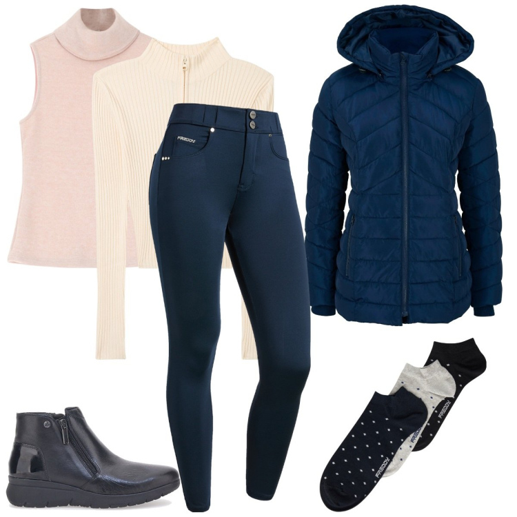 Outfit donna - Moda e layering. Stile Basic per Tutti i giorni. Abbinamento con giacche, cardigans, maglieria, pantaloni skinny, calzini, stivaletti.