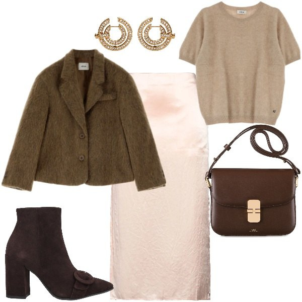 Outfit donna - Sfumature mocha. Stile Chic per Serata fuori. Abbinamento con stivaletti, gonne longuette, blazer, pullovers, orecchini, borse a spalla.