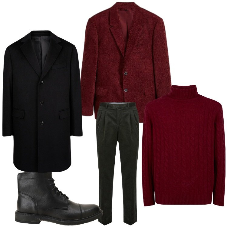 Outfit uomo - Velluto burgundy. Stile Business/Elegante per Serata speciale. Abbinamento con giacche, stivali e stivaletti, pantaloni, maglieria, cappotti.