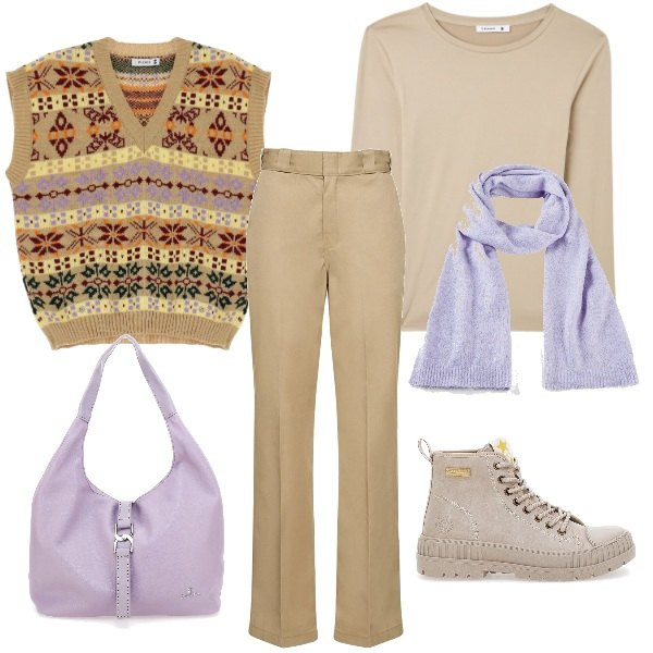Outfit donna - Gilet fantasia. Stile Casual per Ufficio. Abbinamento con sciarpe, t-shirt, gilet, anfibi, pantaloni, borse a spalla.