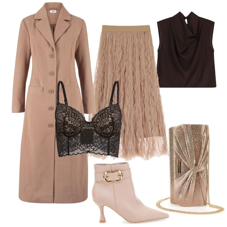 Outfit donna - Cerimonia gennaio. Stile Chic per Cerimonia. Abbinamento con cappotti, reggiseni, top, gonne lunghe, stivaletti, pochette.