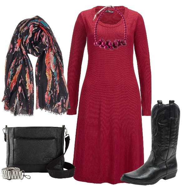 Outfit donna - Rosso tramonto. Stile Casual chic per Ufficio. Abbinamento con borse a tracolla, vestiti midi/longuette, stivali, foulard, collane.