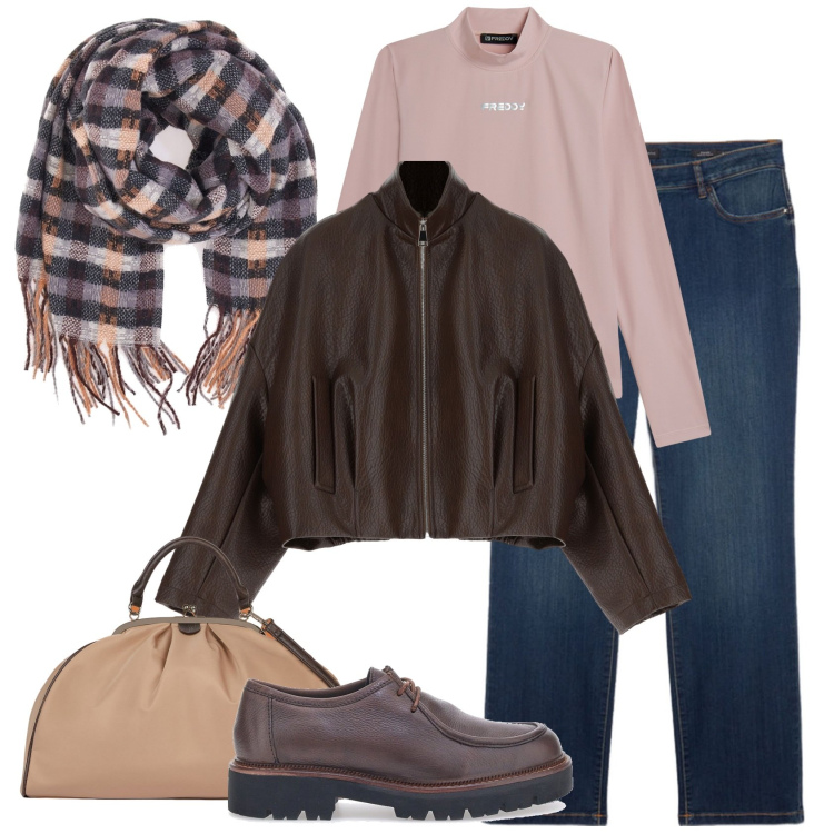 Outfit donna - Total look #2035471. Stile Urban per Tutti i giorni. Abbinamento con maglieria, blazer, sciarpe, borse a spalla, jeans dritti, scarpe stringate.