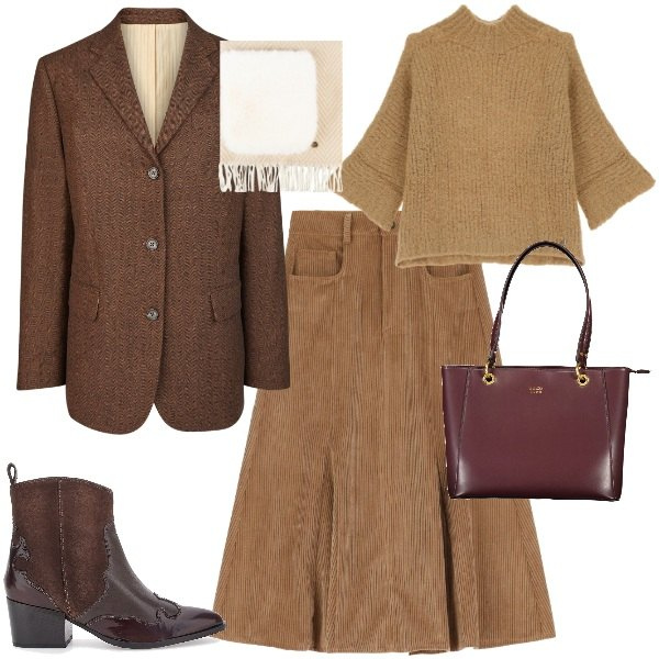 Outfit donna - Sfumatura Mocha. Stile Trendy per Ufficio. Abbinamento con sciarpe, maglieria, gonne longuette, stivaletti texani, blazer, borse a spalla.