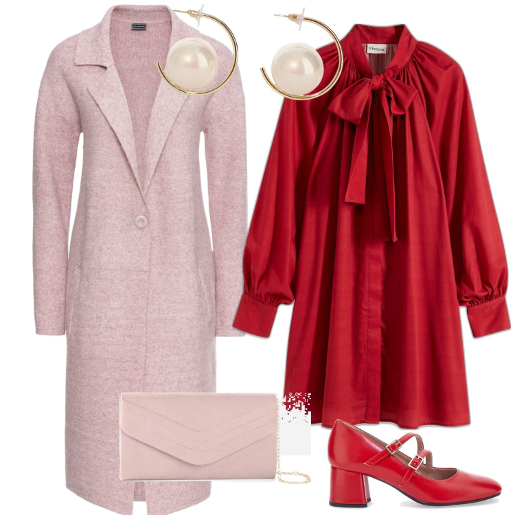 Outfit donna - Cerimonia in rosa e rosso. Stile Bon Ton per Cerimonia. Abbinamento con cappotti, pochette, vestiti, orecchini, décolleté.