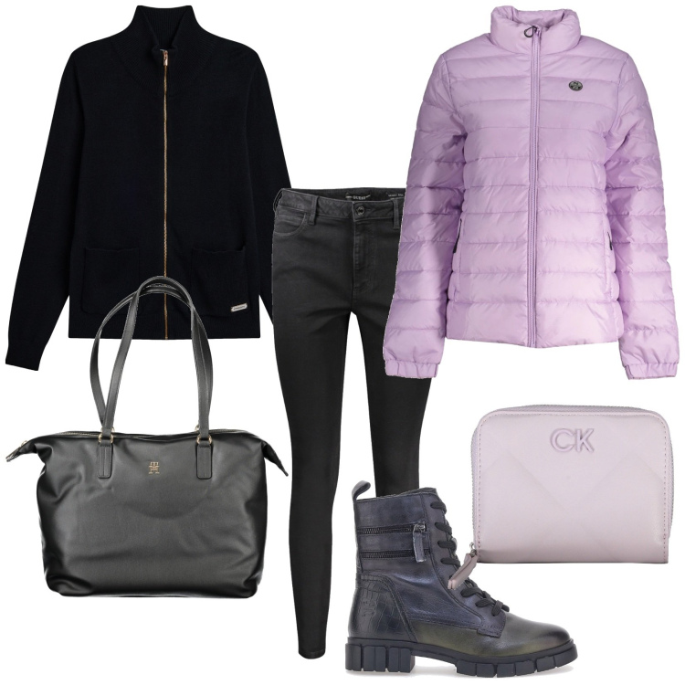 Outfit donna - Al lavoro in casual. Stile Casual per Tutti i giorni. Abbinamento con maglieria, anfibi, jeans skinny, portafogli, blazer, borse a spalla.