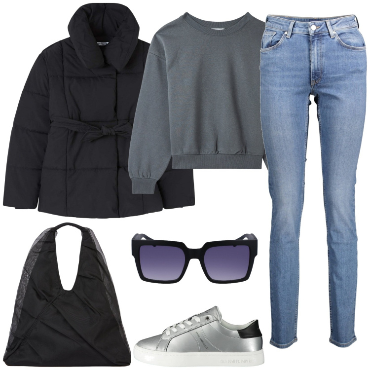 Outfit donna - Total look #2035477. Stile Basic per Scuola/Università. Abbinamento con piumini, felpe, shopping bag, sneakers, occhiali da sole, jeans.