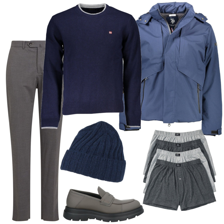 Outfit uomo - Grigio e blu. Stile Casual per Tutti i giorni. Abbinamento con boxer, scarpe stringate, cappelli, pantaloni, maglieria, giacche.