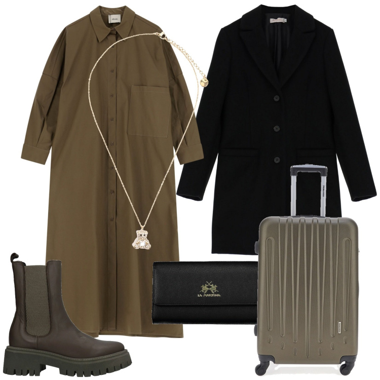 Outfit donna - Bye bye. Stile Trendy per Tutti i giorni. Abbinamento con stivaletti, cappotti, ciondoli, vestiti lunghi, valigie, portafogli.