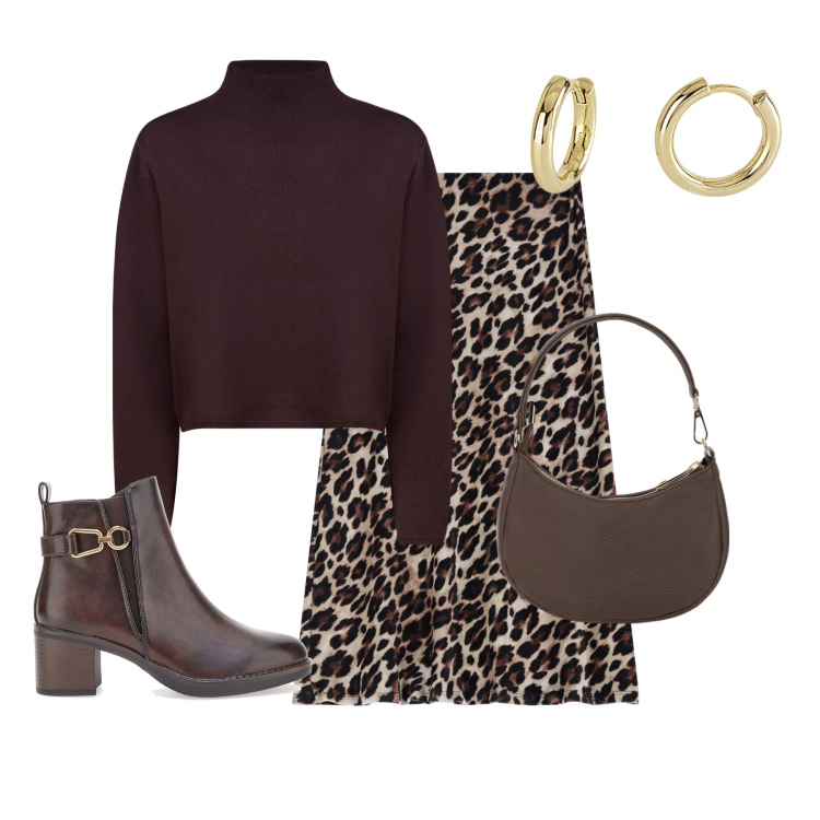 Outfit donna - Animalier. Stile Trendy per Serata fuori. Abbinamento con orecchini, gonne longuette, borse a spalla, stivaletti, cardigans.