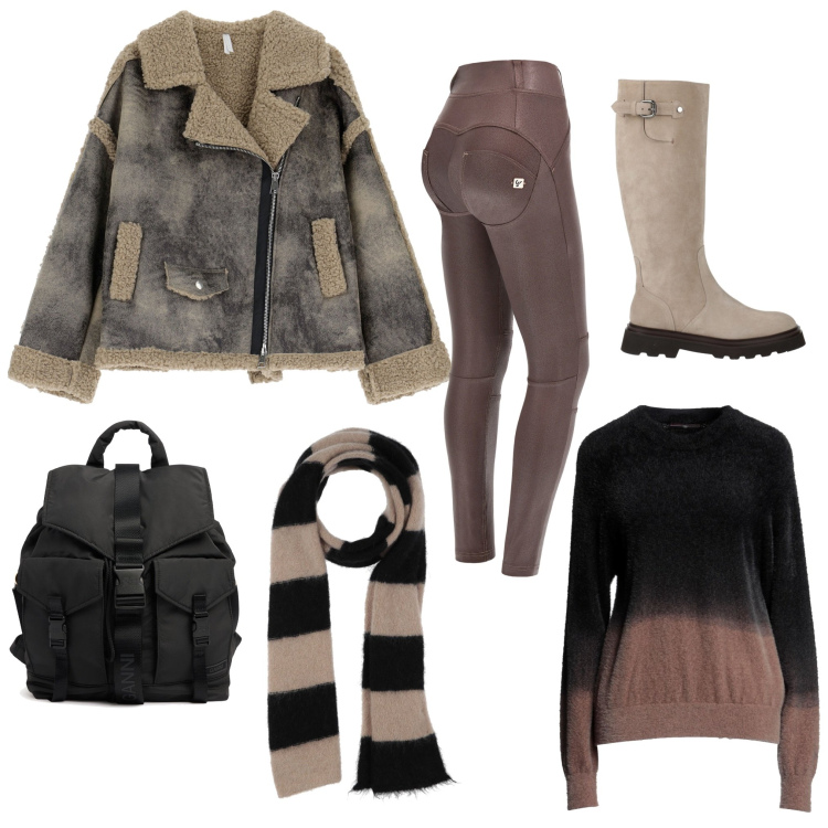Outfit donna - In montagna. Stile Casual per Tutti i giorni. Abbinamento con pullovers, sciarpe, stivali, blazer, pantaloni skinny, zaini.