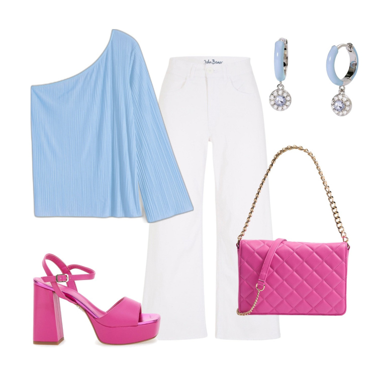 Outfit donna - Celeste e rosa. Stile Chic per Serata fuori. Abbinamento con jeans, bluse, borse a tracolla, orecchini, sandali col tacco.
