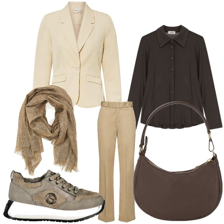 Outfit donna - Sporty chic. Stile Sporty chic per Ufficio. Abbinamento con blazer, camicie, borse a spalla, sneakers, pantaloni, foulard.