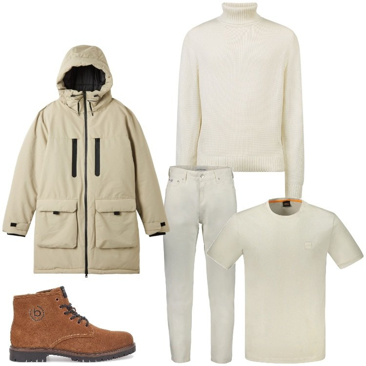 Outfit uomo - Chiaramente. Stile Casual per Tutti i giorni. Abbinamento con parka, stivali e stivaletti, jeans, maglieria, t-shirt.