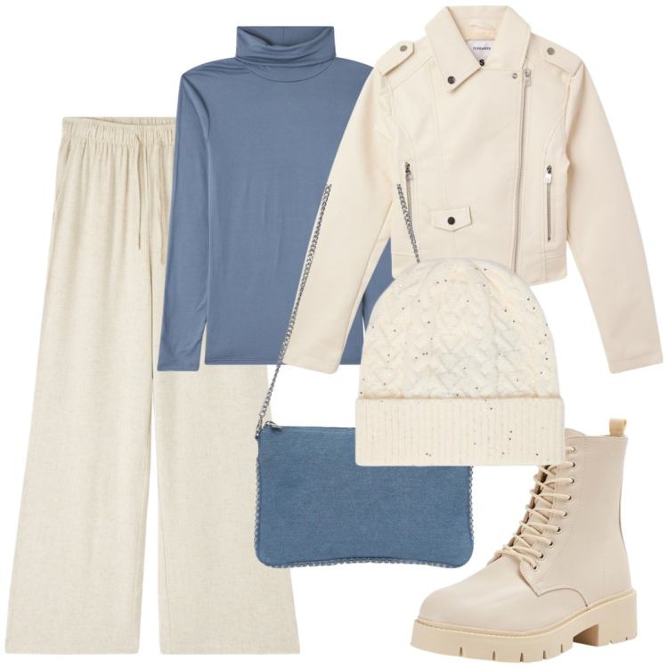Outfit donna - Quasi total white. Stile Trendy per Tutti i giorni. Abbinamento con pantaloni, borse a tracolla, giacche, maglieria, anfibi, cappelli.