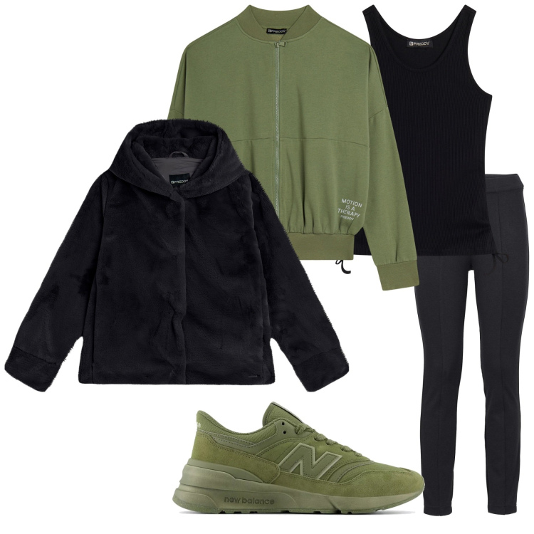Outfit donna - Gennaio in palestra. Stile Trendy per Sport. Abbinamento con treggings, scarpe sportive, felpe, canottiere, blazer.