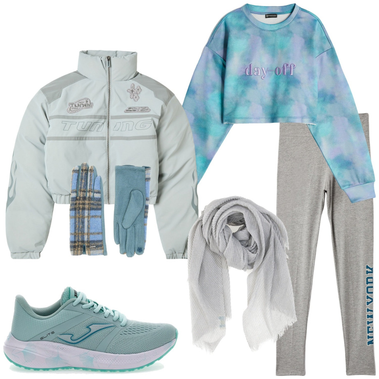 Outfit donna - Gennaio in palestra. Stile Casual per Sport. Abbinamento con blazer, leggings, felpe, foulard, sneakers, guanti.