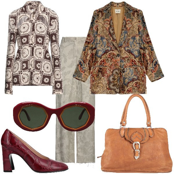 Outfit donna - Mix and match retrò. Stile Vintage retrò per Ufficio. Abbinamento con décolleté, pantaloni, occhiali da sole, camicie, borse a mano, blazer.