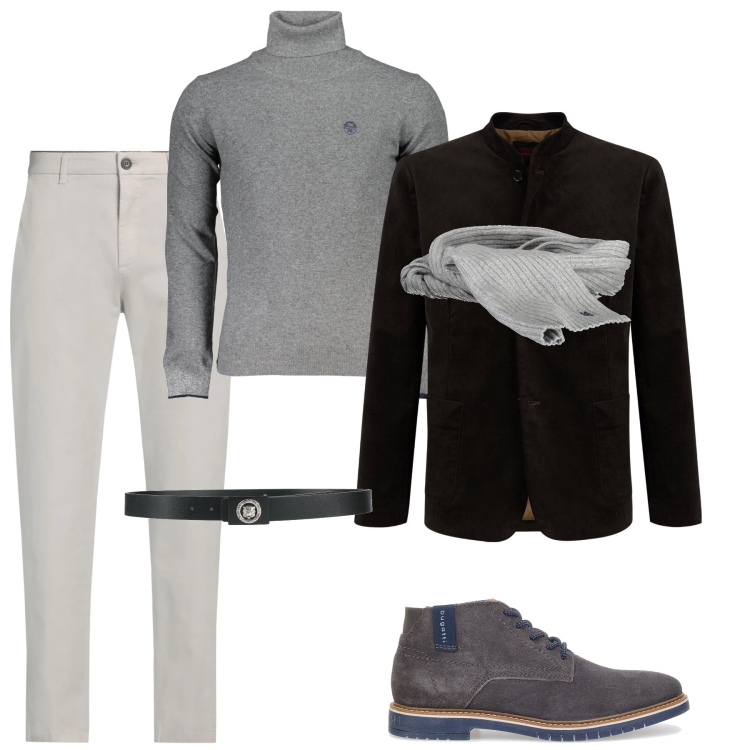 Outfit uomo - Casual chic per l’ufficio. Stile Casual per Ufficio. Abbinamento con pantaloni chino, cinture, scarpe stringate, giacche, sciarpe, maglieria.