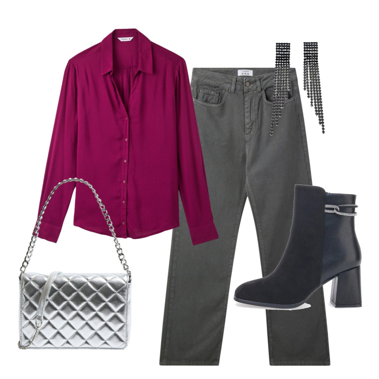 Outfit donna - Camicia color geranio. Stile Glamour per Serata fuori. Abbinamento con camicie, pantaloni, borse a tracolla, orecchini, stivaletti.