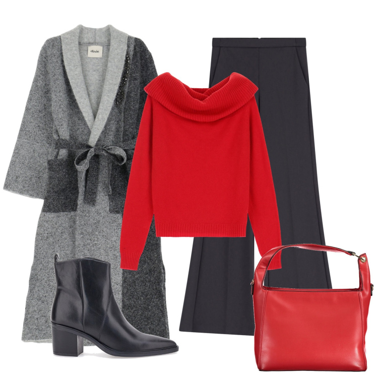 Outfit donna - Un tocco di rosso. Stile Chic per Serata fuori. Abbinamento con pantaloni, maglieria, cappotti, stivaletti, borse a spalla.
