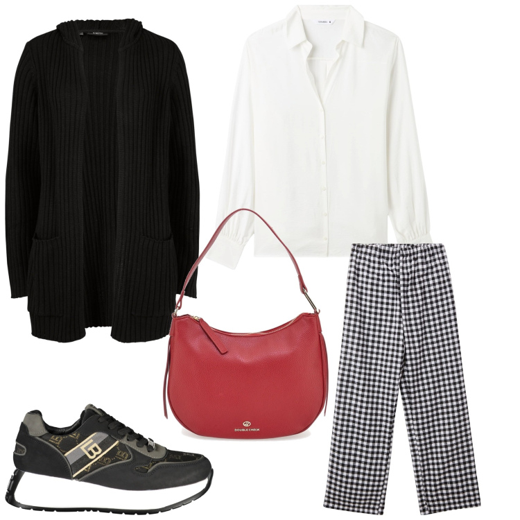 Outfit donna - Nero, quadretti e rosso. Stile Sporty chic per Tutti i giorni. Abbinamento con cardigans, pantaloni, camicie, sneakers, borse a tracolla.