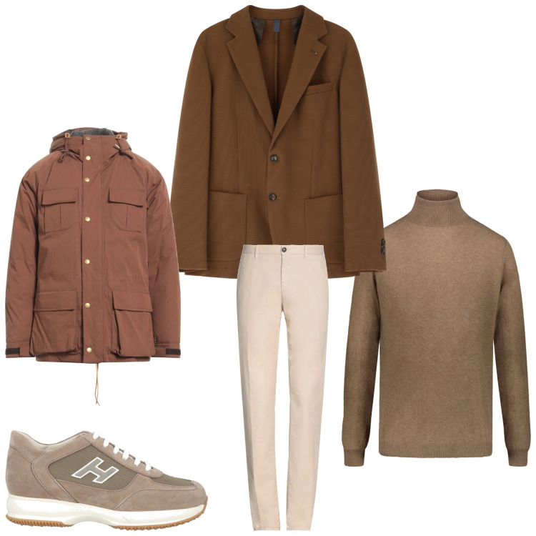 Outfit uomo - Marrone casual chic. Stile Casual per Ufficio. Abbinamento con sneakers, piumini, pantaloni, giacche, maglieria.