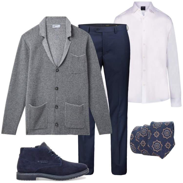 Outfit uomo - La giacca in maglia. Stile Casual per Ufficio. Abbinamento con giacche, cravatte, camicie, pantaloni, scarpe stringate.