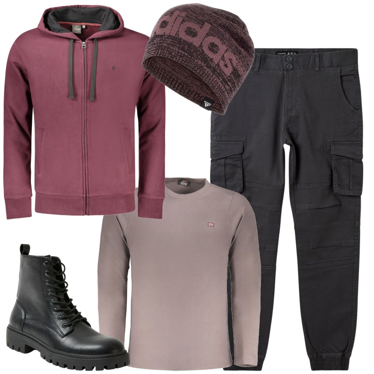 Outfit uomo - Il berretto sportivo. Stile Casual per Tutti i giorni. Abbinamento con pantaloni cargo, anfibi, berretti, t-shirt, felpe con cappuccio.
